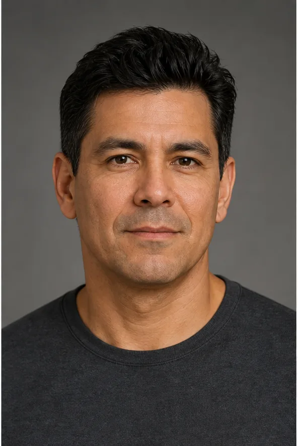 Face identity reference: an adult Latino man with a square jaw and gentle brown eyes