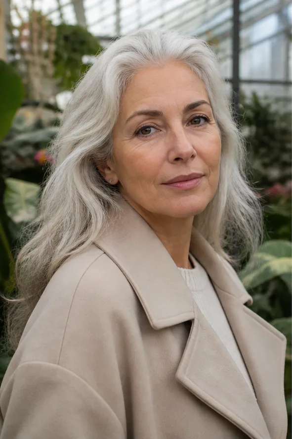 Face-swap target: an older adult woman in a beige coat inside a botanical garden