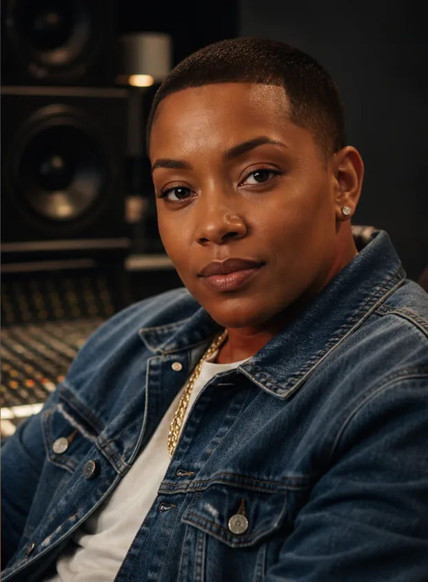 Natural face-swap result for an adult Latino man in a denim jacket seated in a recording studio