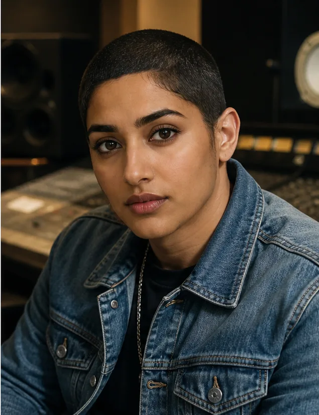 Natural face-swap result for an adult Latino man in a denim jacket seated in a recording studio