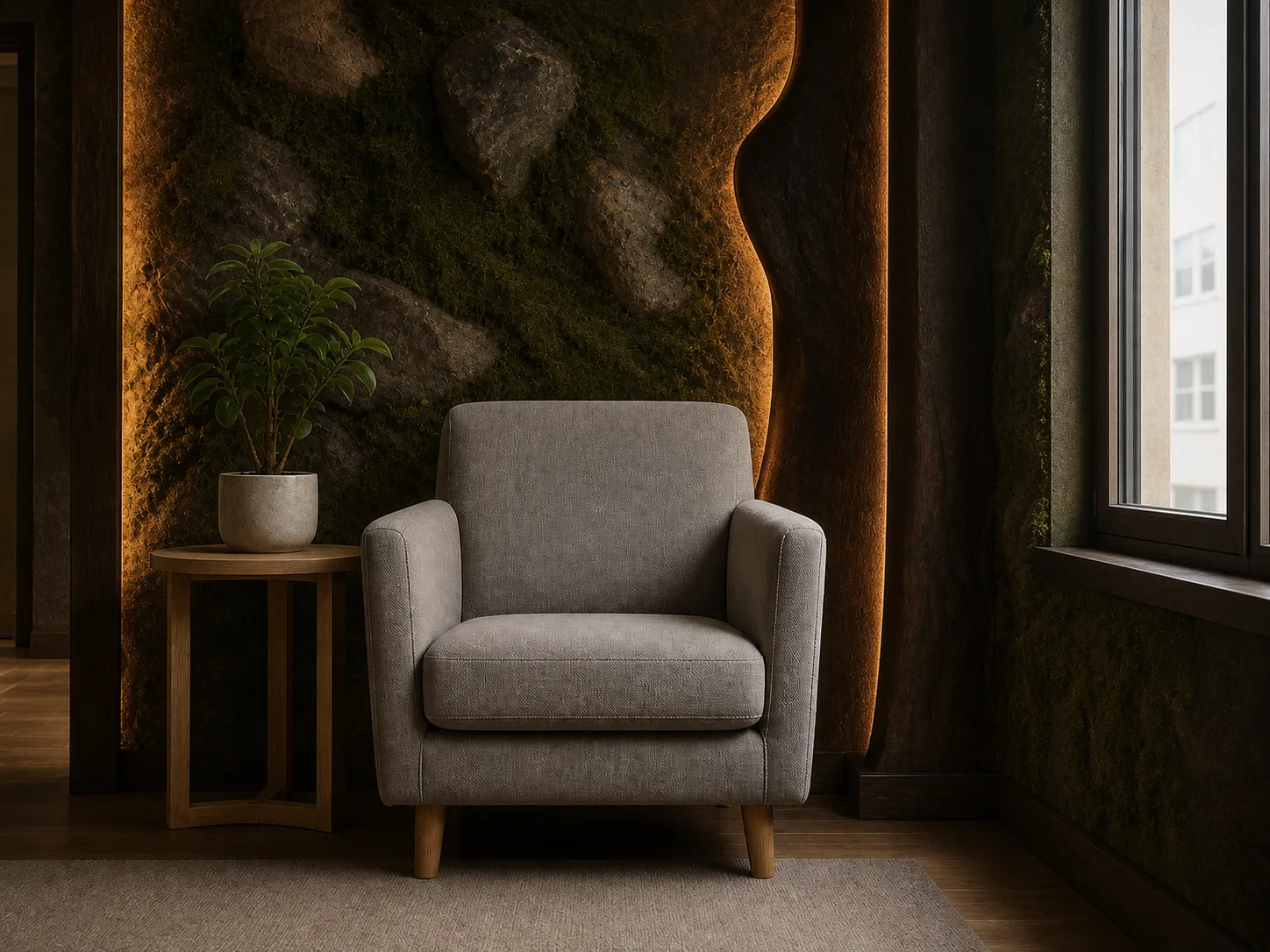 The same armchair in the same position, in a restyled room