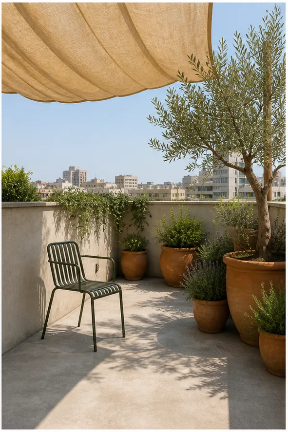 compact rooftop terrace with a metal chair and empty planters after the reference-guided edit