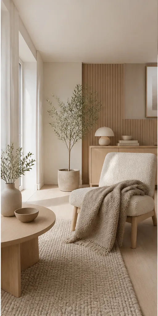 Reference for Scandinavian hygge design with light oak, wool textiles, and soft daylight