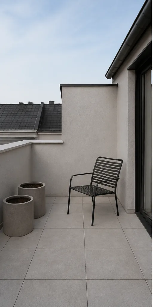 Unedited compact rooftop terrace with a metal chair and empty planters