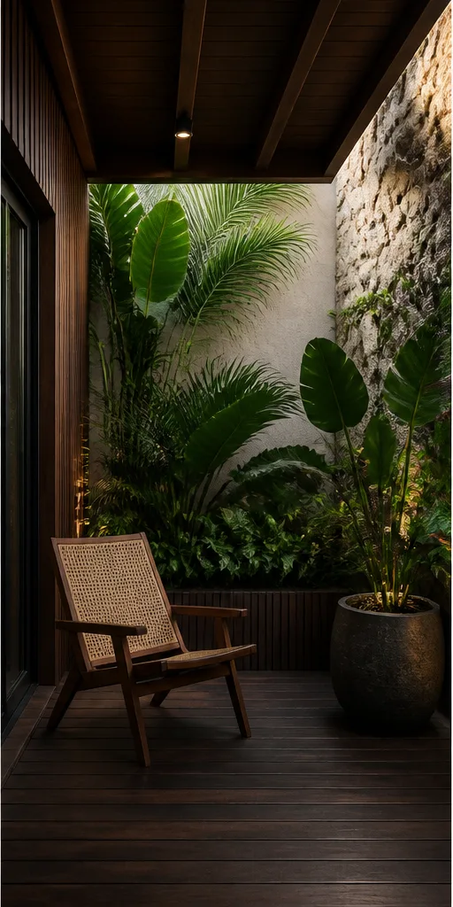 Reference for tropical modern design with dark timber, broad-leaf plants, and textured stone