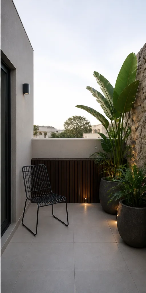 compact rooftop terrace with a metal chair and empty planters after the reference-guided edit