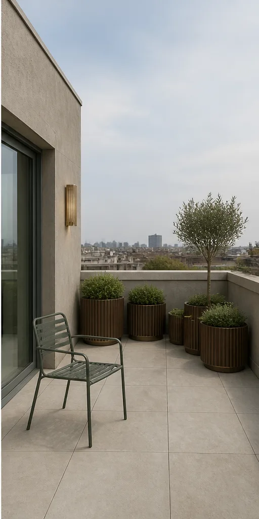 compact rooftop terrace with a metal chair and empty planters after the reference-guided edit