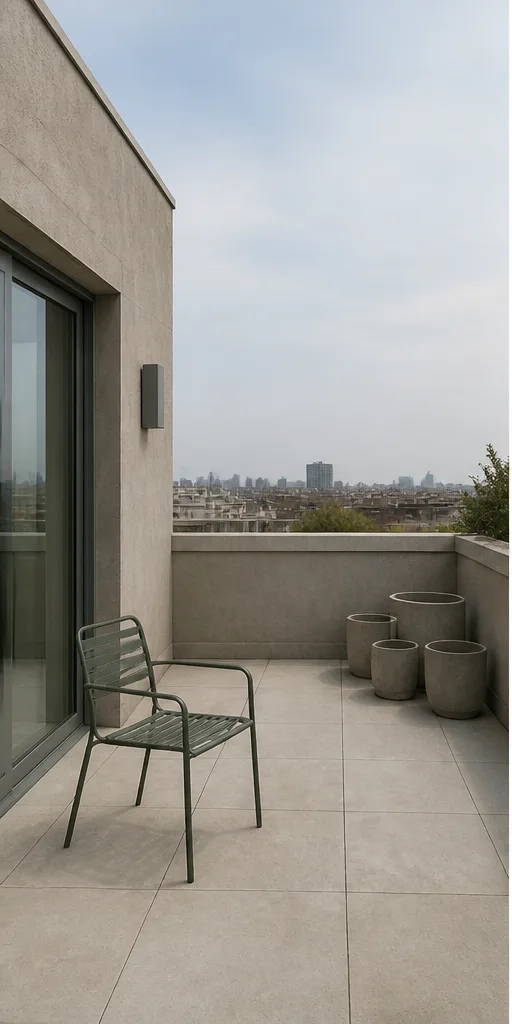 Unedited compact rooftop terrace with a metal chair and empty planters