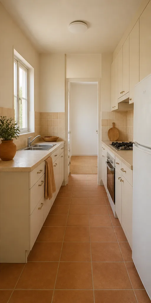 small galley kitchen with white cabinets and plain tile after the reference-guided edit