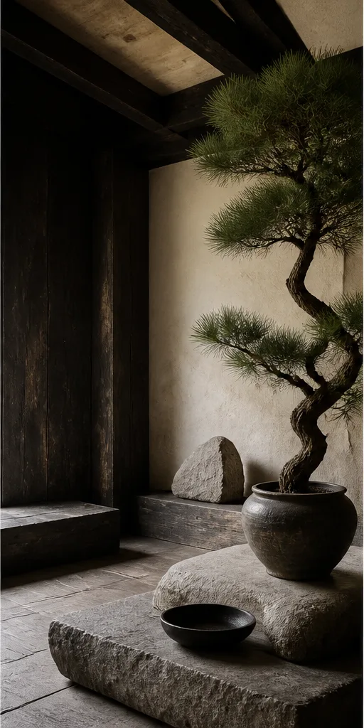 Reference for Japanese wabi-sabi design with charred wood, pale stone, and sculptural pine