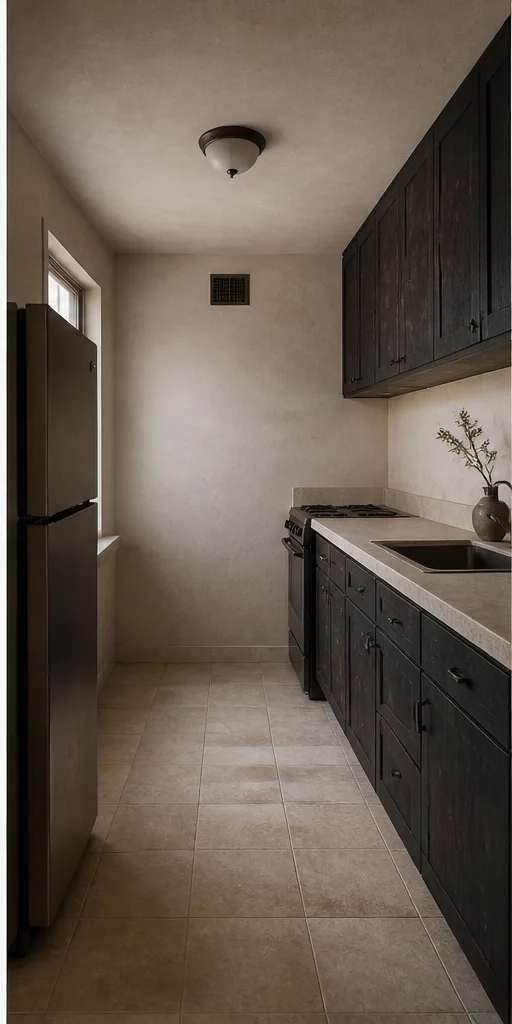 small galley kitchen with white cabinets and plain tile after the reference-guided edit