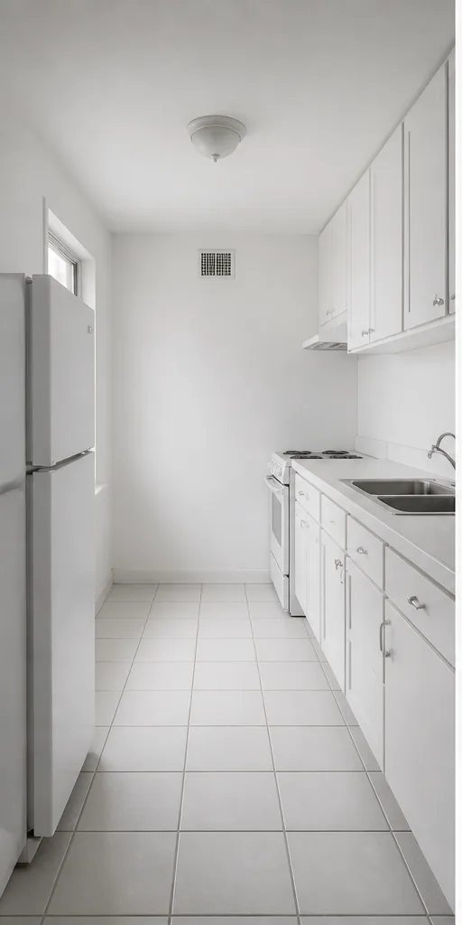 Unedited small galley kitchen with white cabinets and plain tile