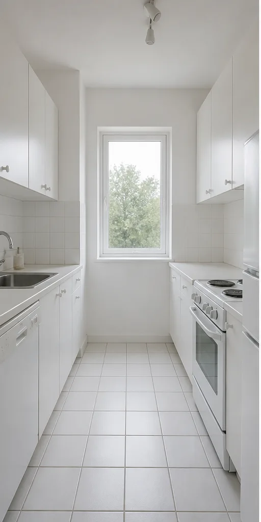Unedited small galley kitchen with white cabinets and plain tile