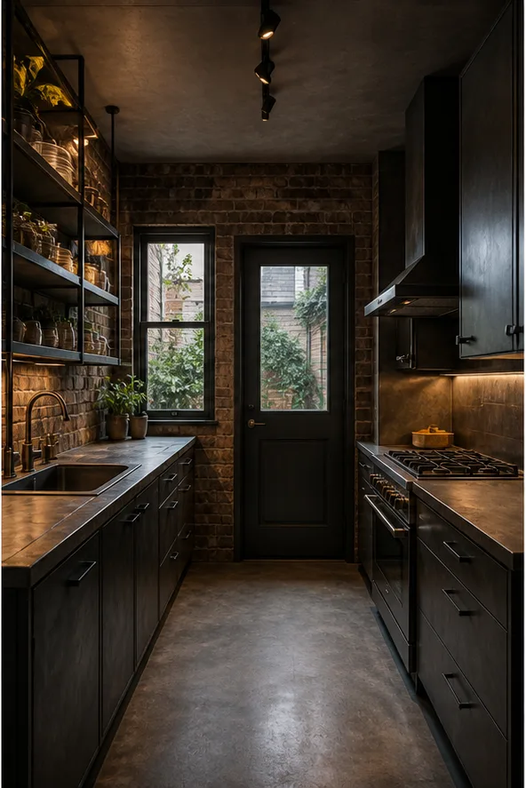 Reference for refined industrial design with blackened steel, reclaimed brick, and warm task light