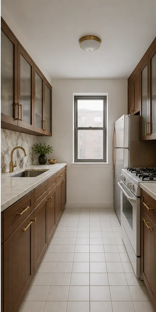 small galley kitchen with white cabinets and plain tile after the reference-guided edit