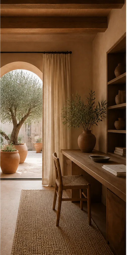 Reference for lush Mediterranean design with terracotta, olive trees, and warm linen