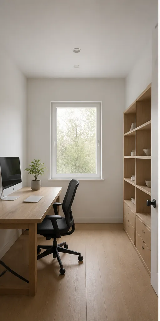 Unedited minimal home office with a desk, shelf, and one window