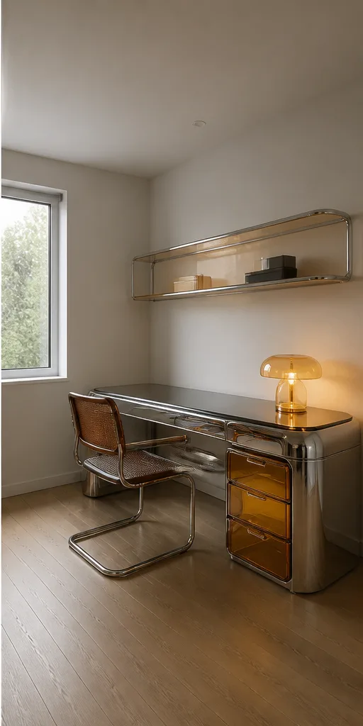 minimal home office with a desk, shelf, and one window after the reference-guided edit