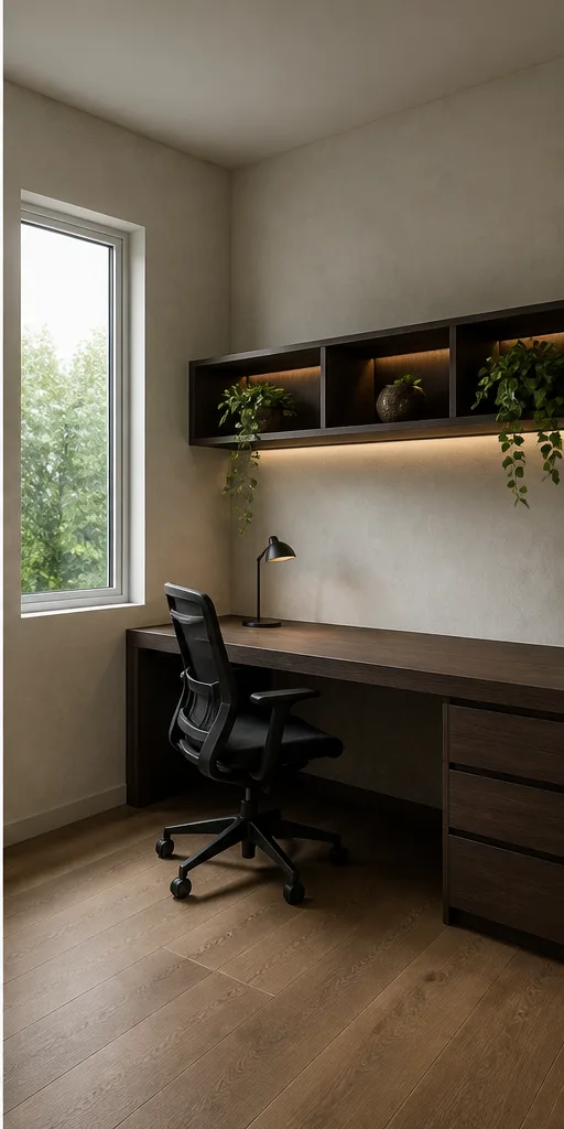 minimal home office with a desk, shelf, and one window after the reference-guided edit