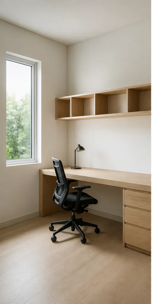 Unedited minimal home office with a desk, shelf, and one window