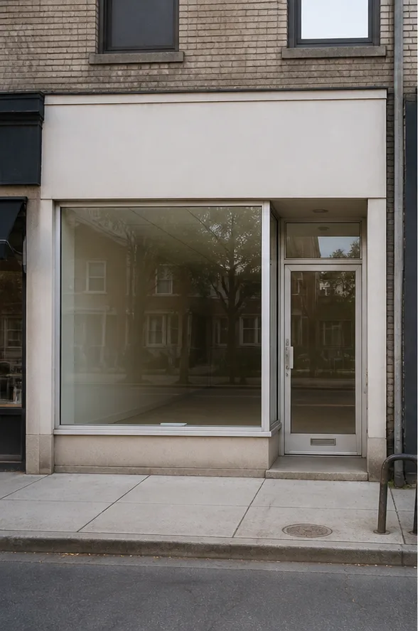 Unedited plain neighborhood storefront with a large display window