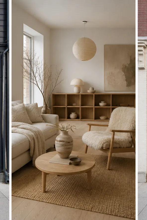 Reference for Scandinavian hygge design with light oak, wool textiles, and soft daylight