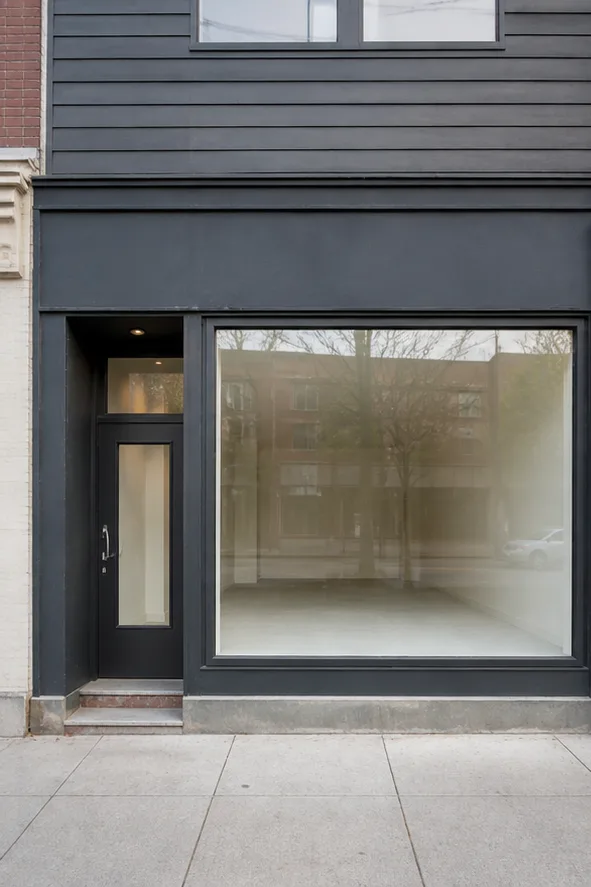 Unedited plain neighborhood storefront with a large display window