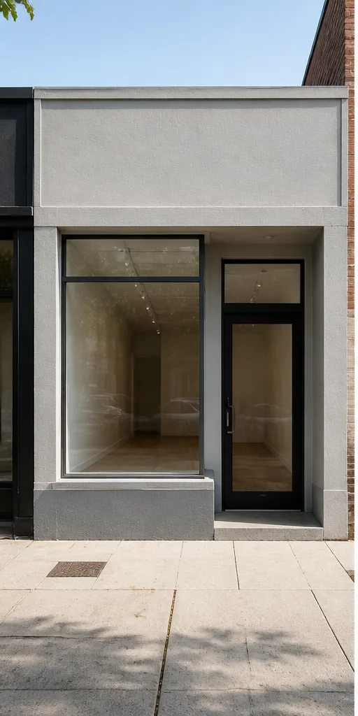 Unedited plain neighborhood storefront with a large display window