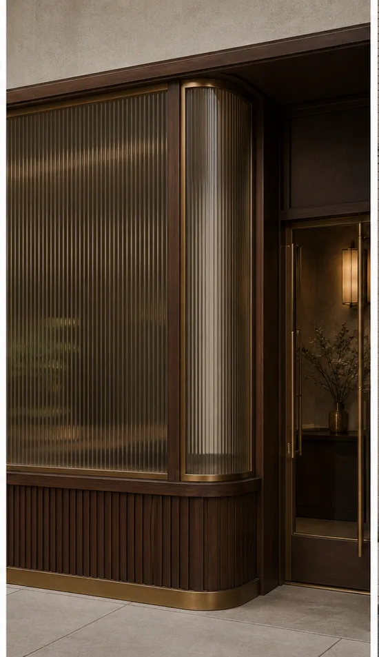 Reference for contemporary Art Deco design with fluted glass, walnut, and muted brass