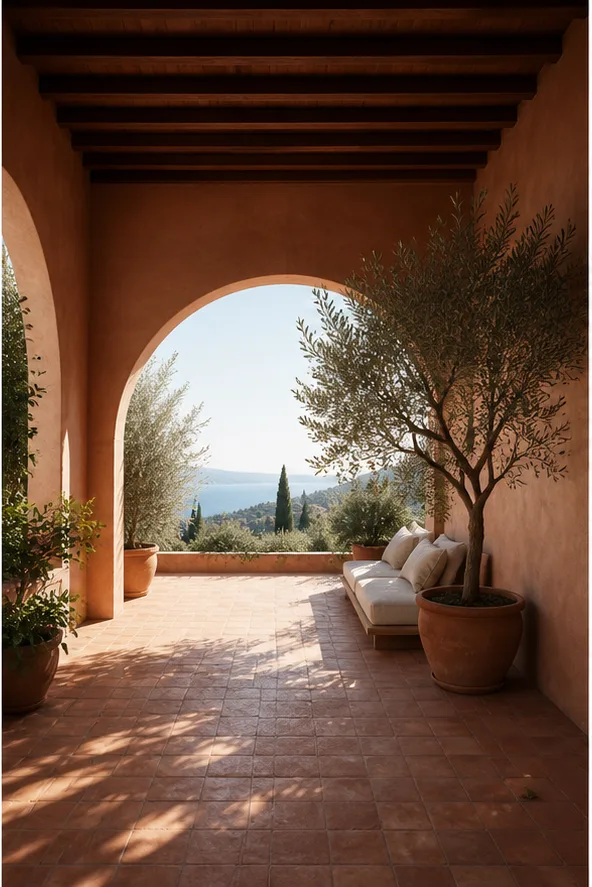 Reference for lush Mediterranean design with terracotta, olive trees, and warm linen