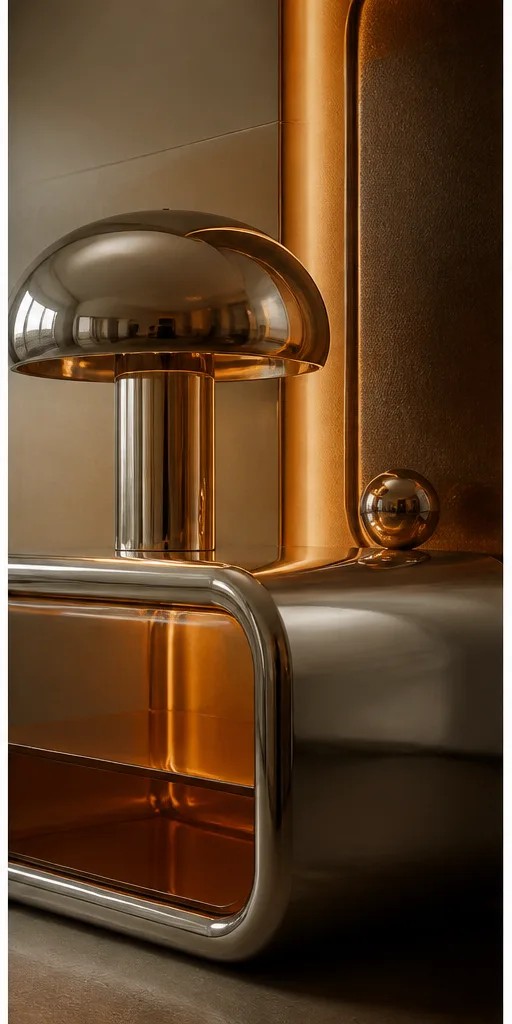 Reference for retro-futurist design with brushed chrome, translucent acrylic, and amber light