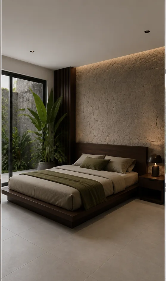 Reference for tropical modern design with dark timber, broad-leaf plants, and textured stone