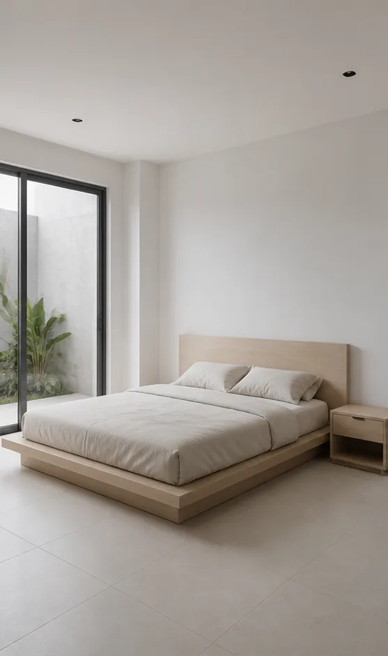 Unedited neutral bedroom with a platform bed and simple bedside table