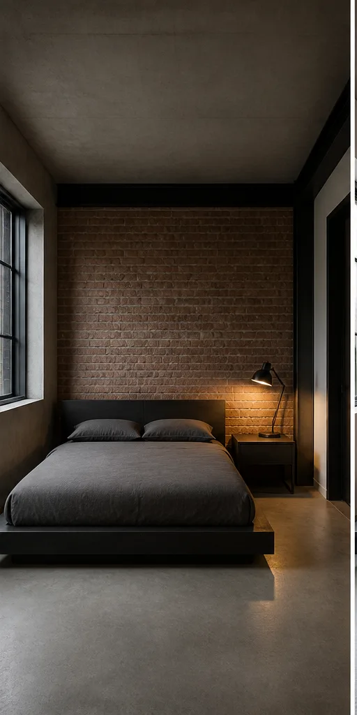 Reference for refined industrial design with blackened steel, reclaimed brick, and warm task light