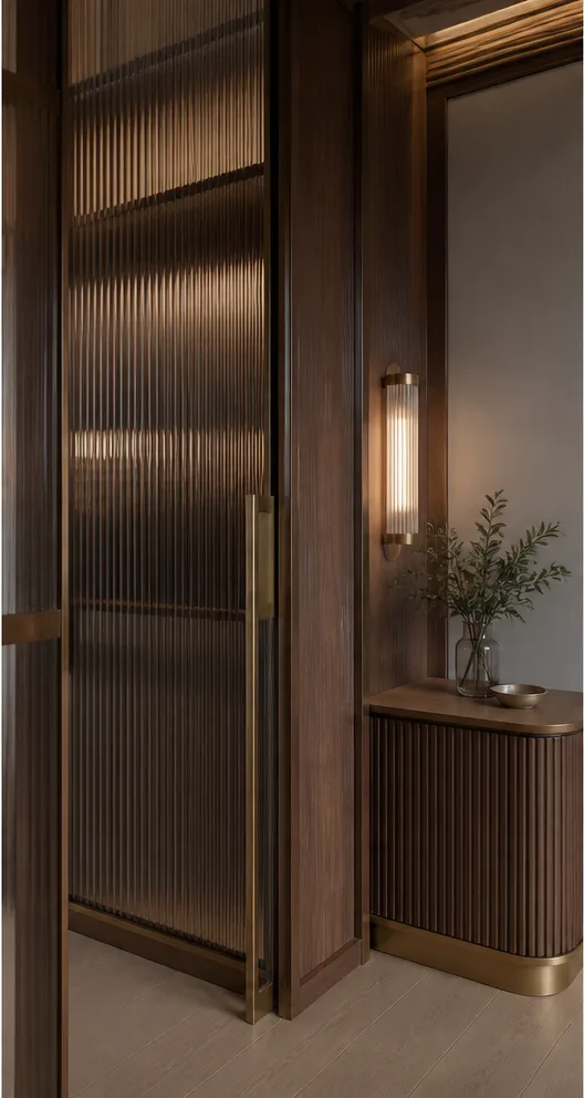 Reference for contemporary Art Deco design with fluted glass, walnut, and muted brass
