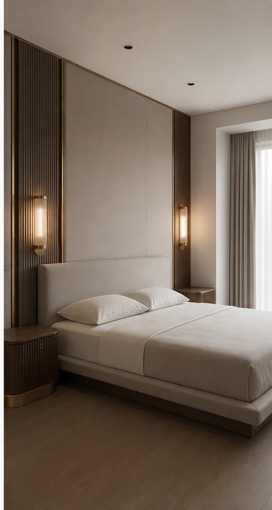 neutral bedroom with a platform bed and simple bedside table after the reference-guided edit