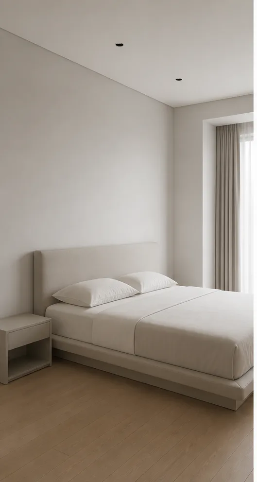 Unedited neutral bedroom with a platform bed and simple bedside table