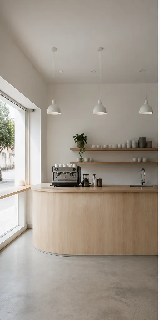 Unedited compact cafe counter with pale wood and simple pendant lights