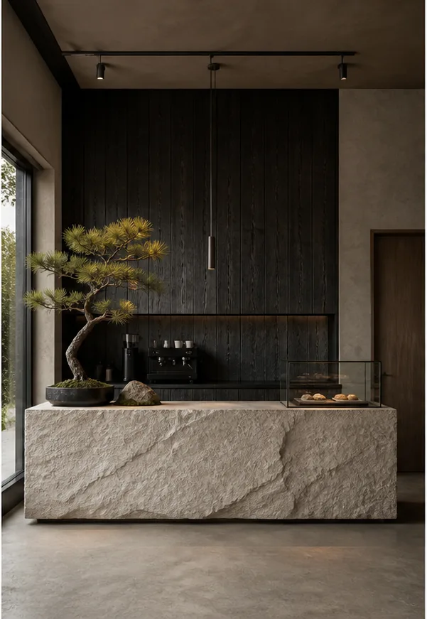 Reference for Japanese wabi-sabi design with charred wood, pale stone, and sculptural pine