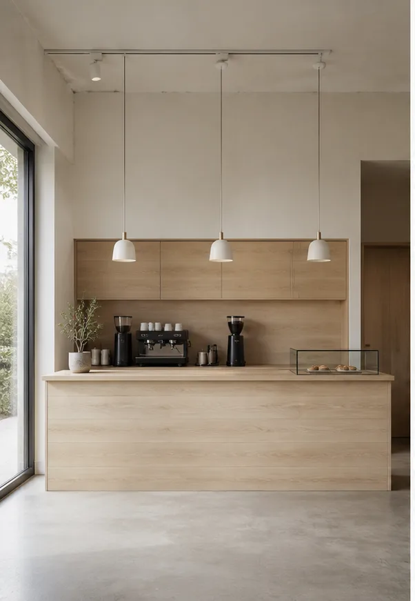 Unedited compact cafe counter with pale wood and simple pendant lights