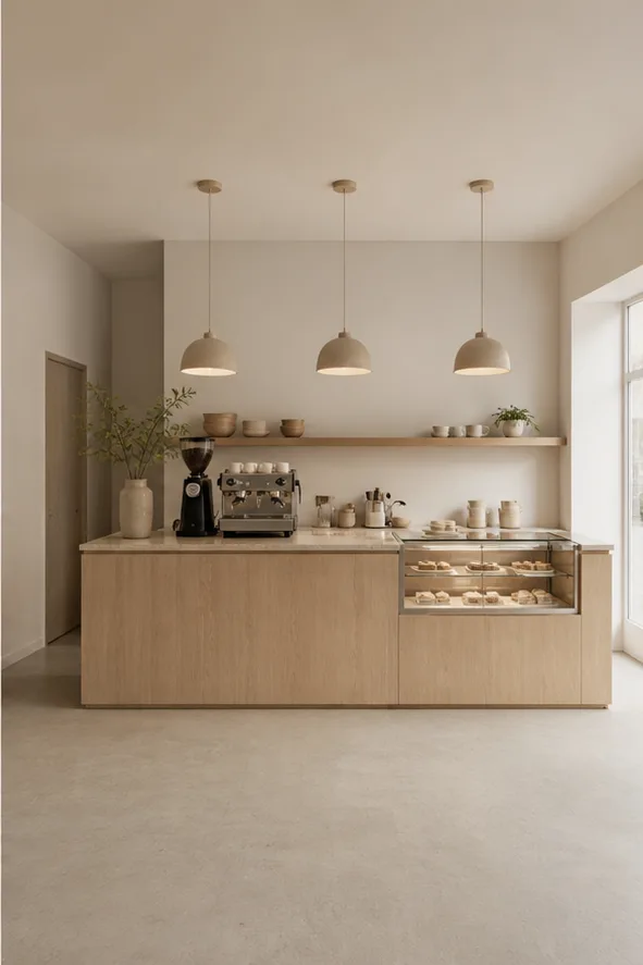 compact cafe counter with pale wood and simple pendant lights after the reference-guided edit