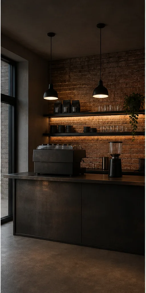 Reference for refined industrial design with blackened steel, reclaimed brick, and warm task light