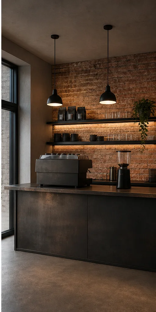 compact cafe counter with pale wood and simple pendant lights after the reference-guided edit