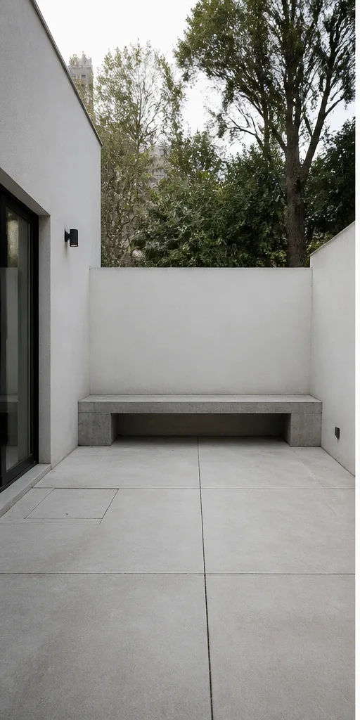 Unedited bare urban garden patio with concrete paving and a bench