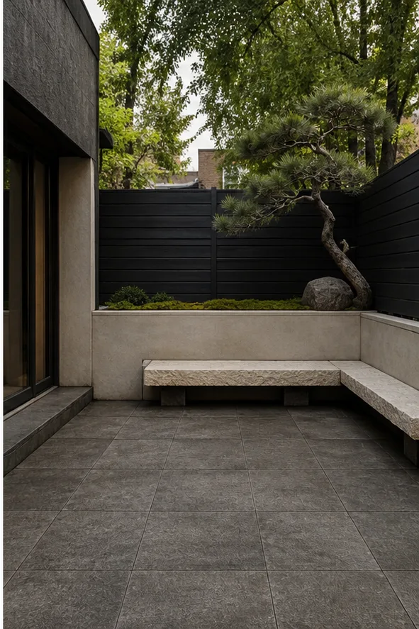 bare urban garden patio with concrete paving and a bench after the reference-guided edit