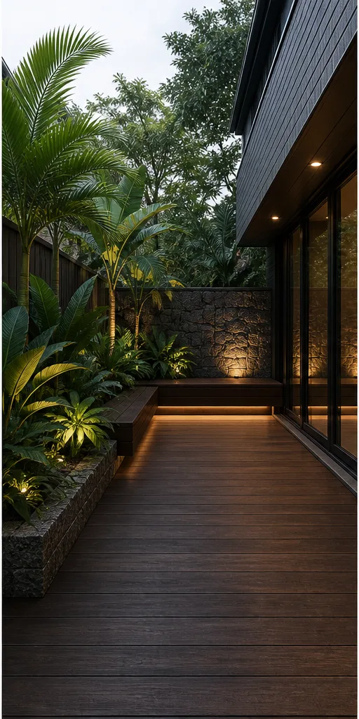 Reference for tropical modern design with dark timber, broad-leaf plants, and textured stone