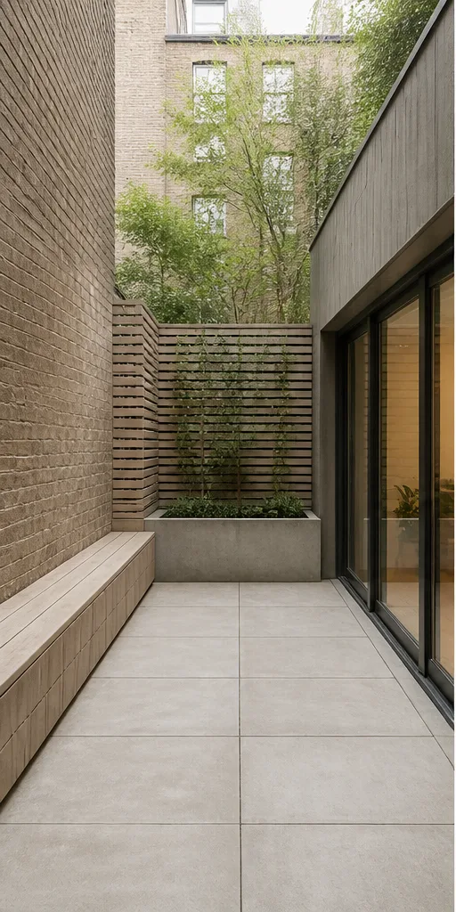 Unedited bare urban garden patio with concrete paving and a bench