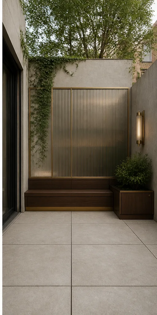 bare urban garden patio with concrete paving and a bench after the reference-guided edit