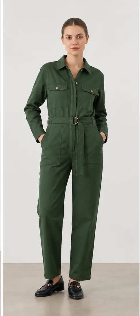 Garment to photograph: forest-green utility jumpsuit with brass hardware and a belted waist