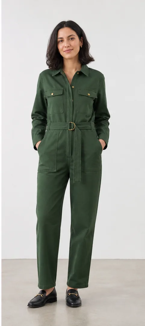 On-model product photo of forest-green utility jumpsuit with brass hardware and a belted waist